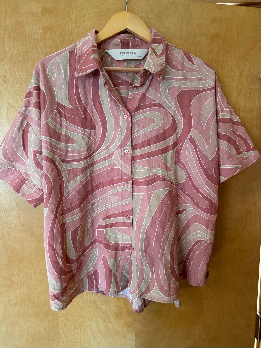 Peace Love World Pink Swirl Short-Sleeve linen blend Button-Up Shirt